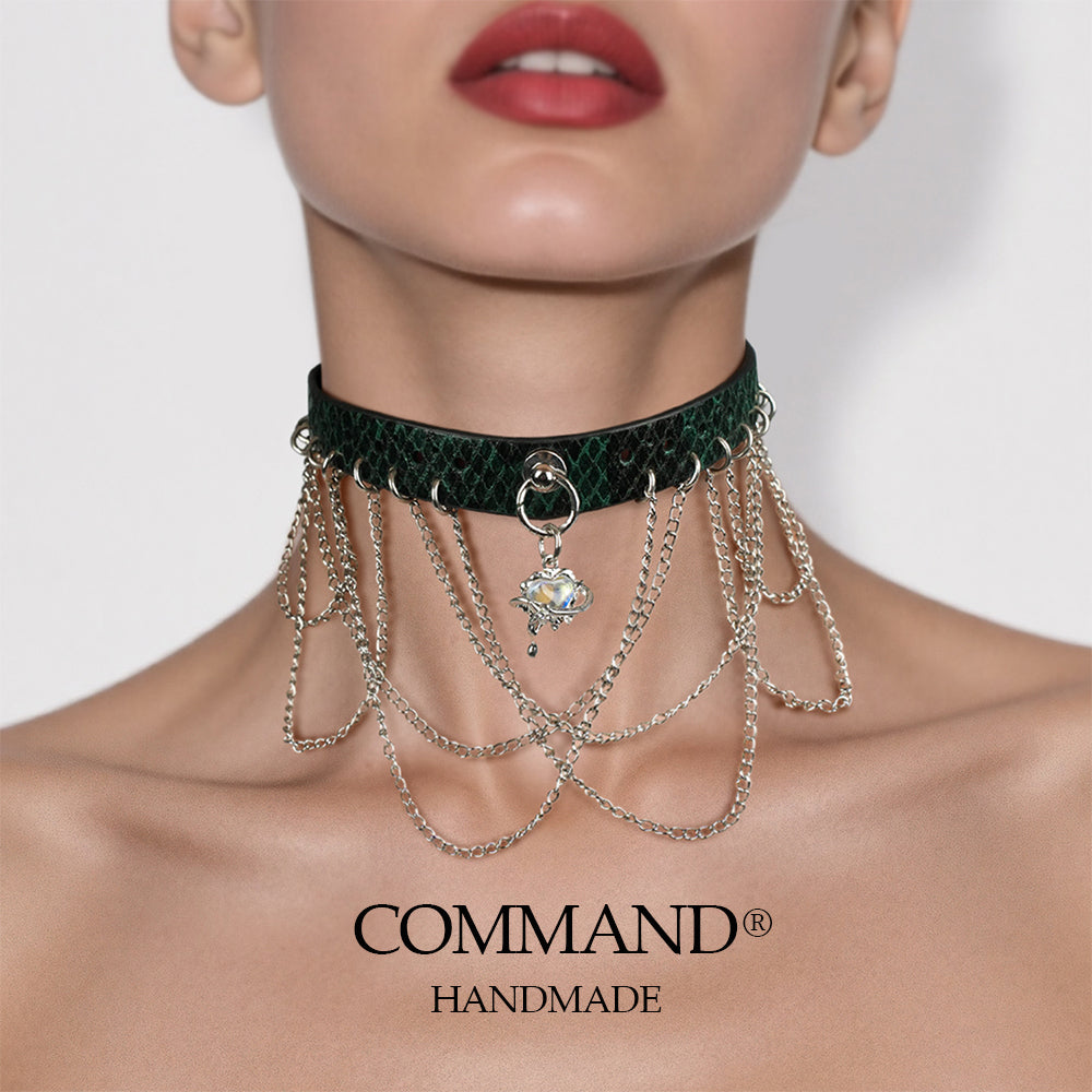 Pandora Green Choker with Layered Chains & Crystal Pendant