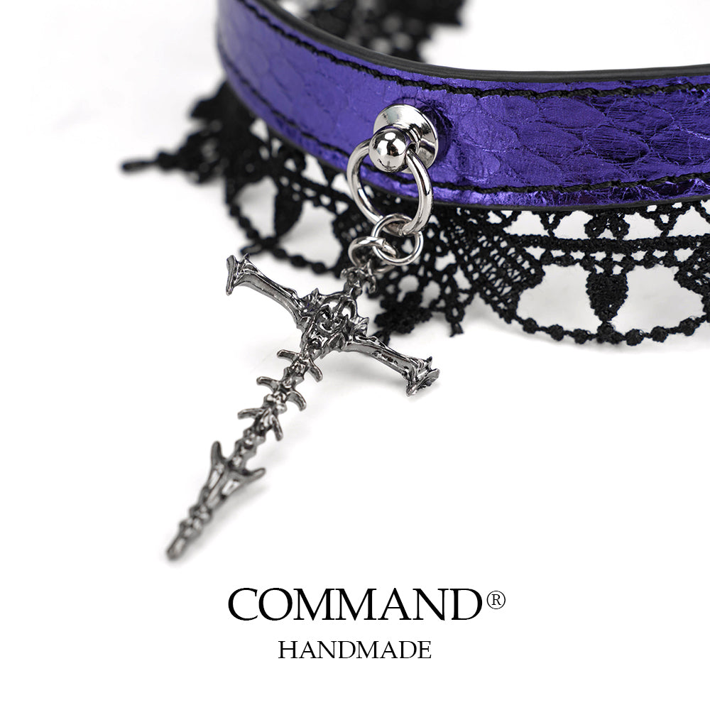 Lilith Gothic Purple Leather Choker with Lace Trim & Cross Pendant
