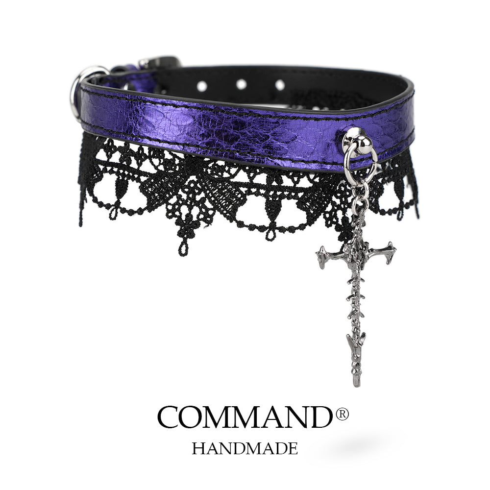 Lilith Gothic Purple Leather Choker with Lace Trim & Cross Pendant