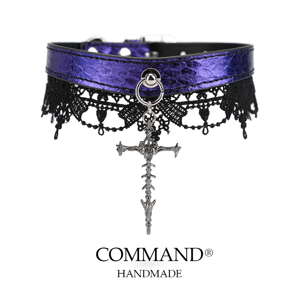Lilith Gothic Purple Leather Choker with Lace Trim & Cross Pendant