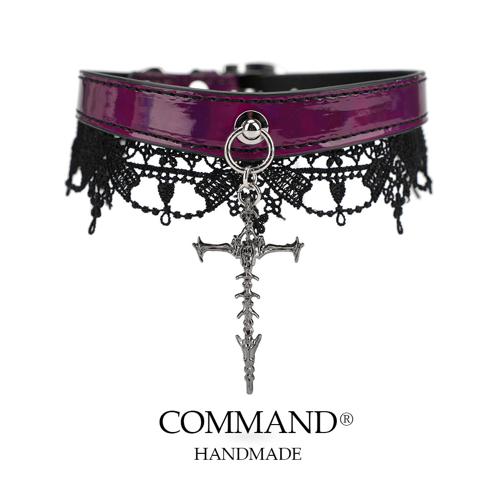 Lilith Gothic Purple Leather Choker with Lace Trim & Cross Pendant