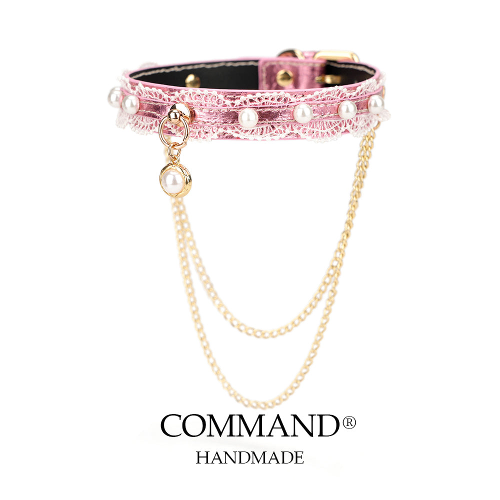 Helen Pastel Leather Choker with Lace Trim, Pearl Accents & Gold Chain