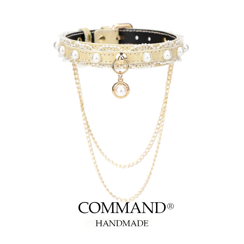 Helen Pastel Leather Choker with Lace Trim, Pearl Accents & Gold Chain