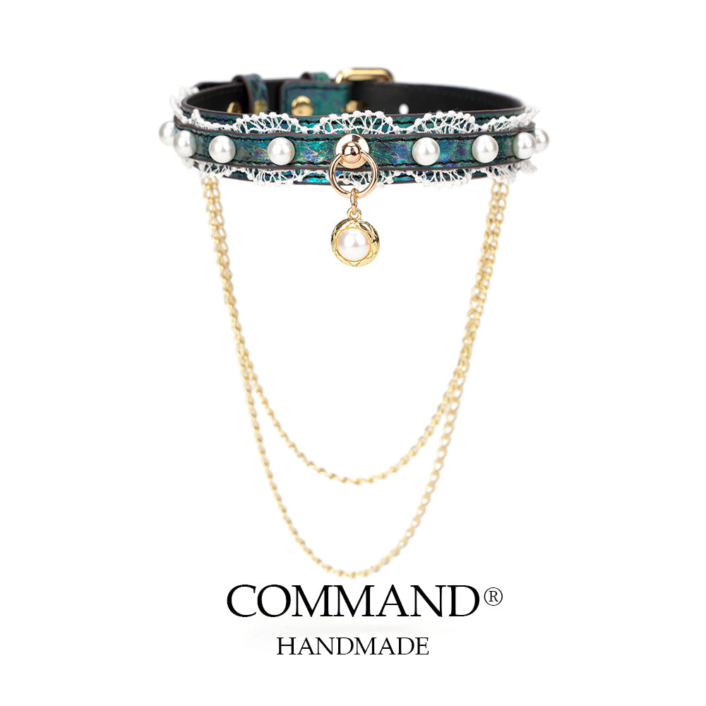 Helen Pastel Leather Choker with Lace Trim, Pearl Accents & Gold Chain