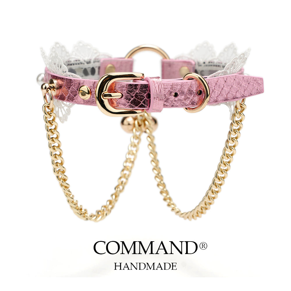 Charis Romantic Pink Lace Pearl Choker with Gold Chains & Bells