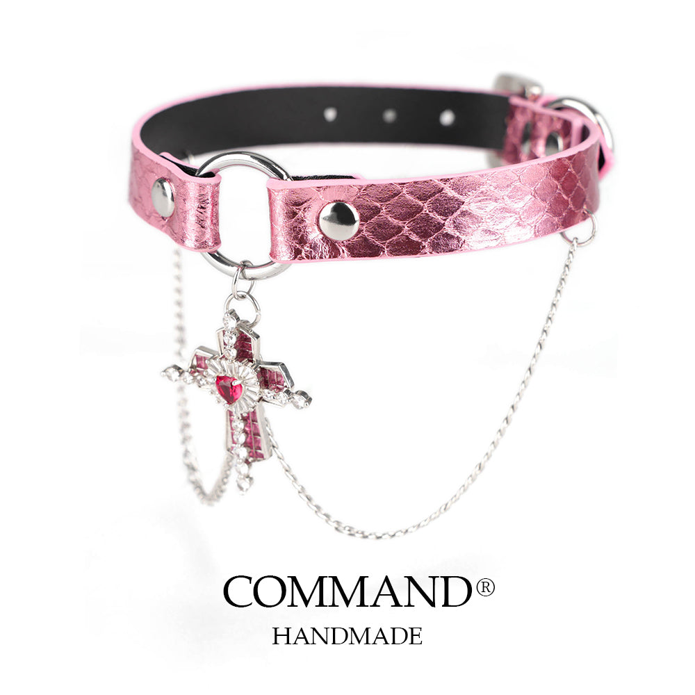 Harmonia Pink Choker with Crystal Cross Pendant & Silver Chains