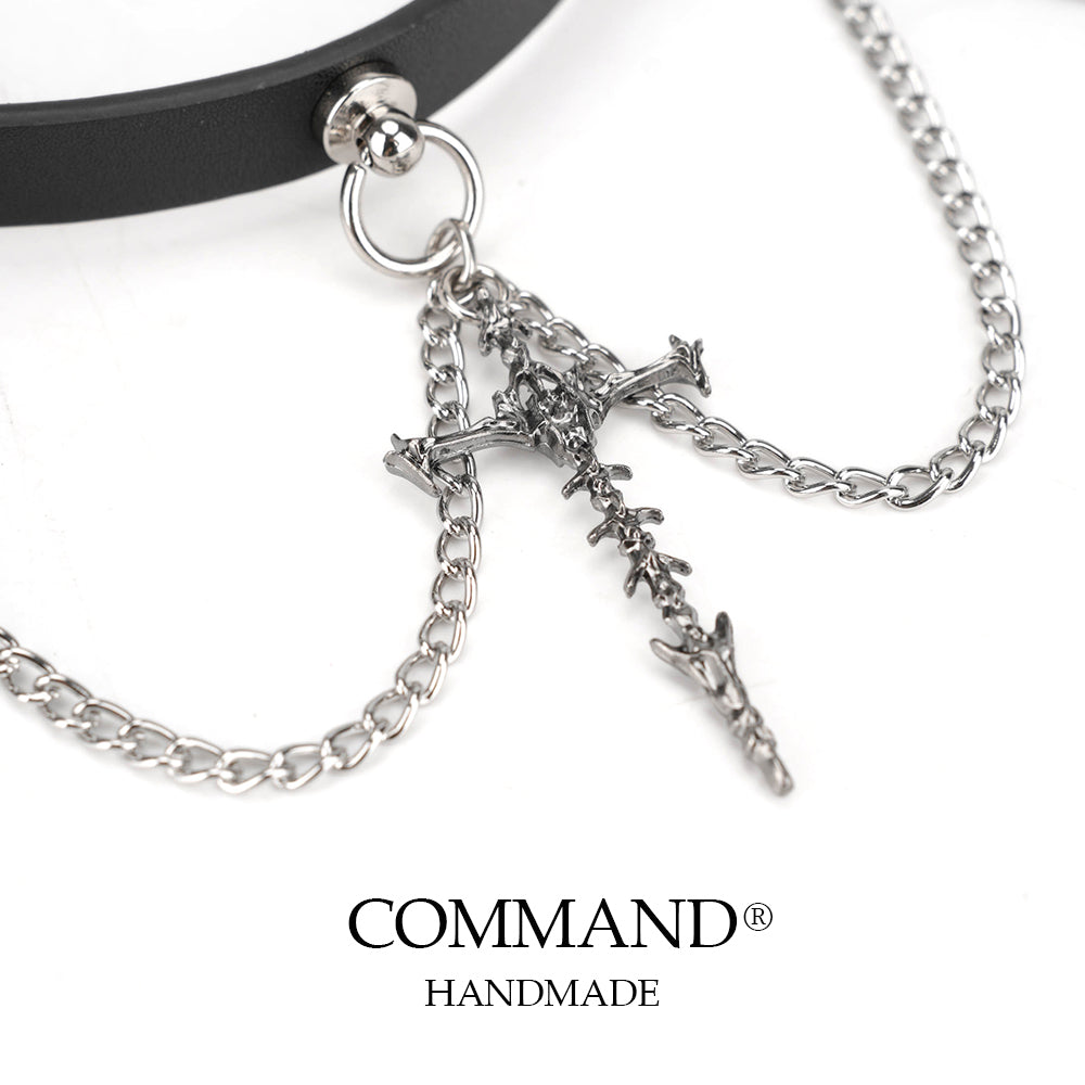 Deimos Black Choker with Cross & Leather Pendant