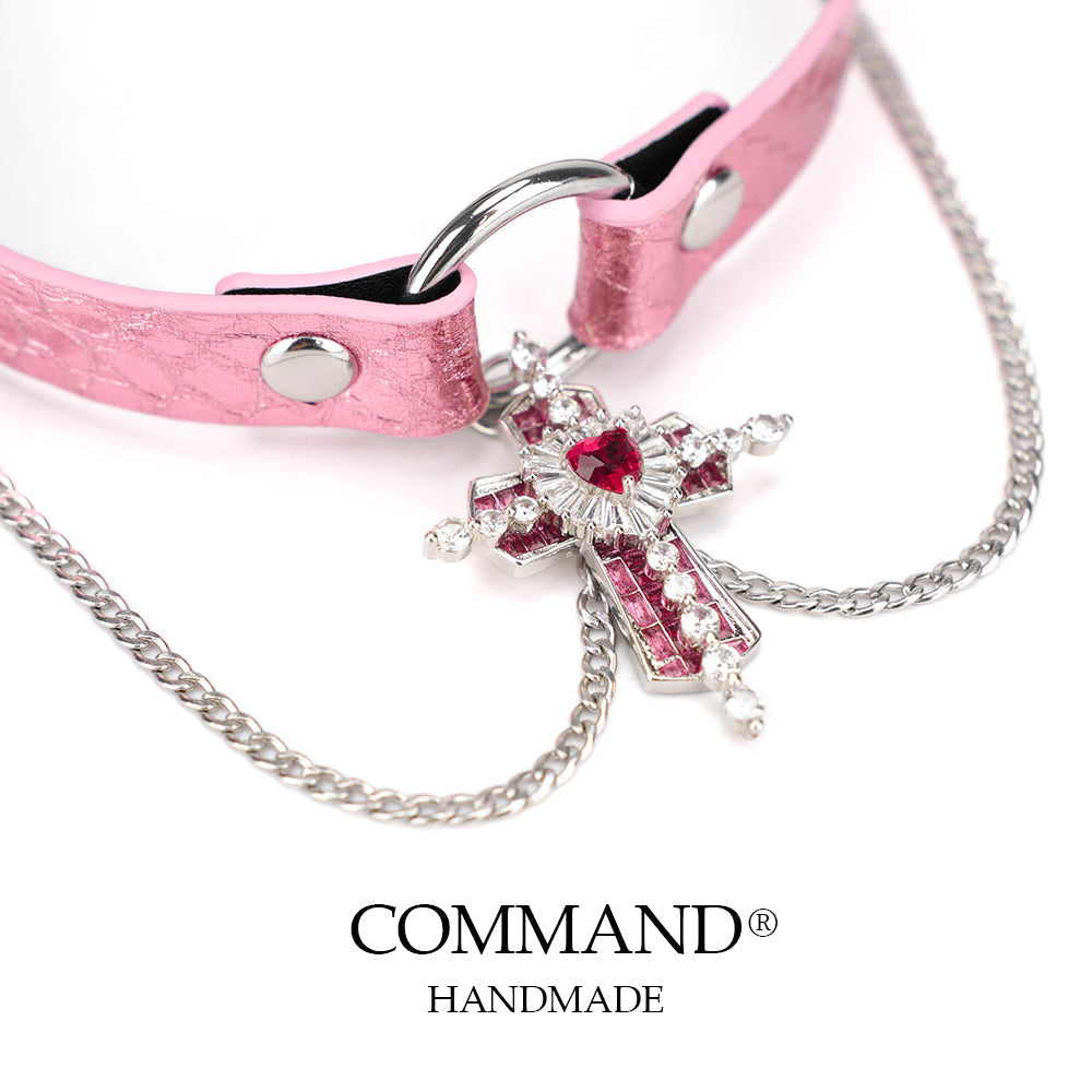 Harmonia Pink Choker with Crystal Cross Pendant & Silver Chains