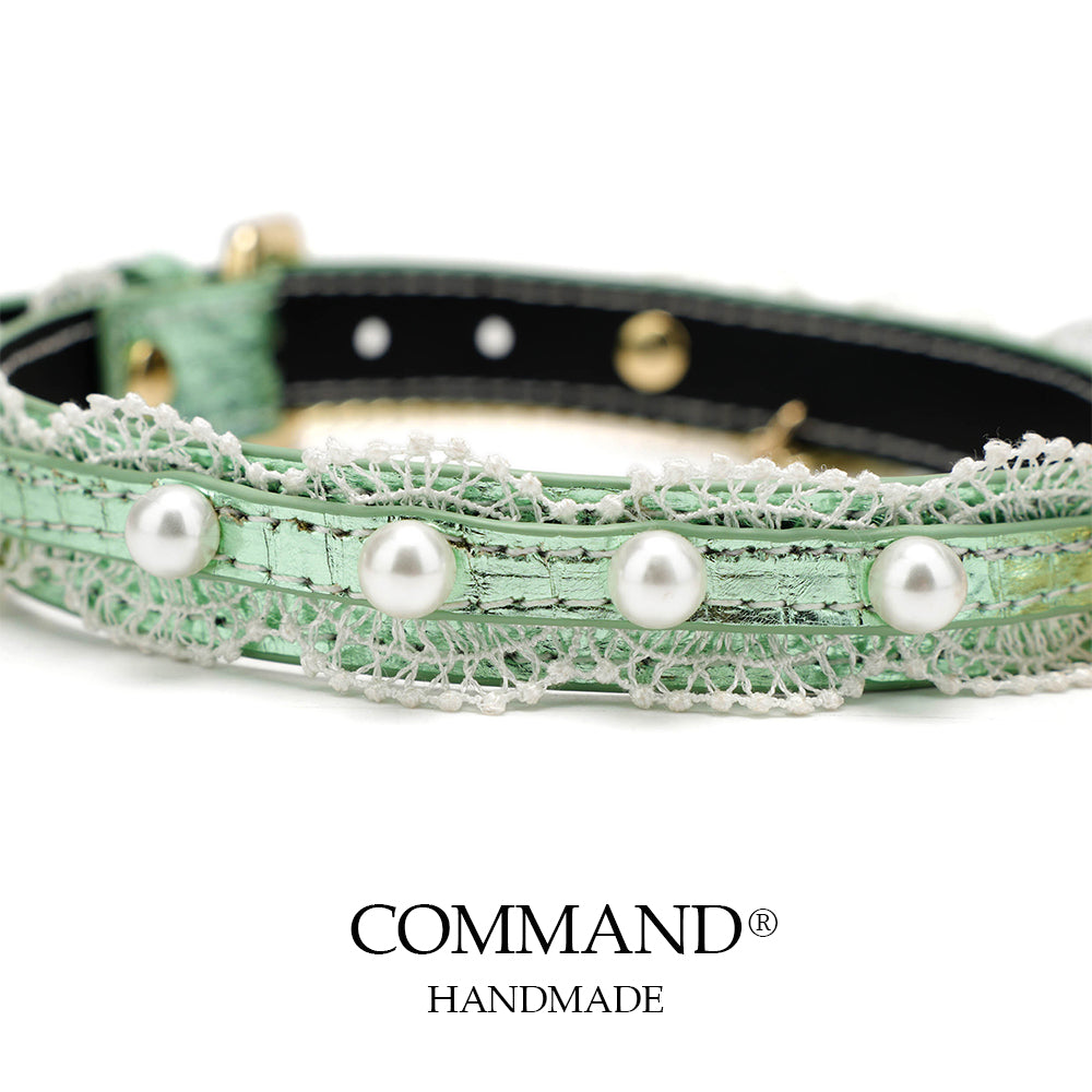 Helen Pastel Leather Choker with Lace Trim, Pearl Accents & Gold Chain
