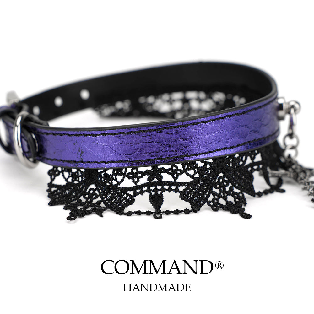 Lilith Gothic Purple Leather Choker with Lace Trim & Cross Pendant