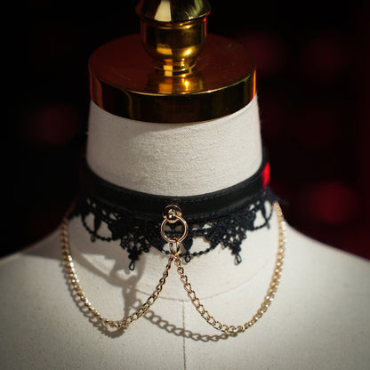 Clotho Black Lace Choker with Double-Chain _cowhide