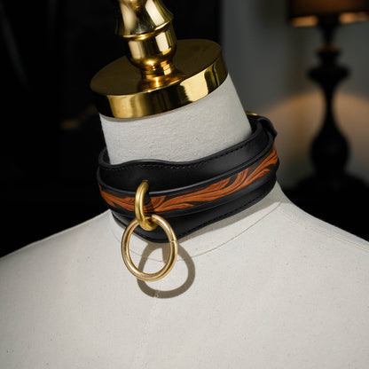 Carved Brown Engraved Collar With O Ring