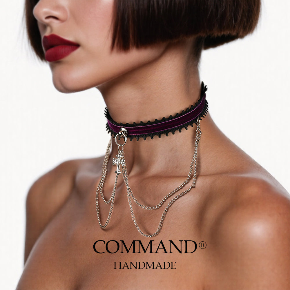 Mnemosyne Puprle Velvet Chains Choker with Cross Charm