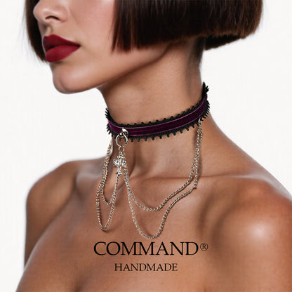 Mnemosyne Puprle Velvet Chains Choker with Cross Charm
