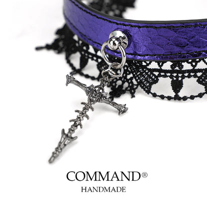 Lilith Gothic Purple Leather Choker with Lace Trim & Cross Pendant
