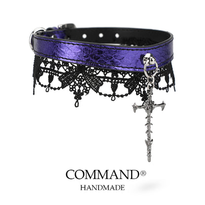 Lilith Gothic Purple Leather Choker with Lace Trim & Cross Pendant