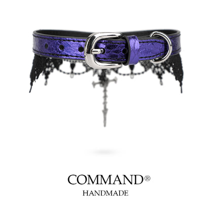 Lilith Gothic Purple Leather Choker with Lace Trim & Cross Pendant