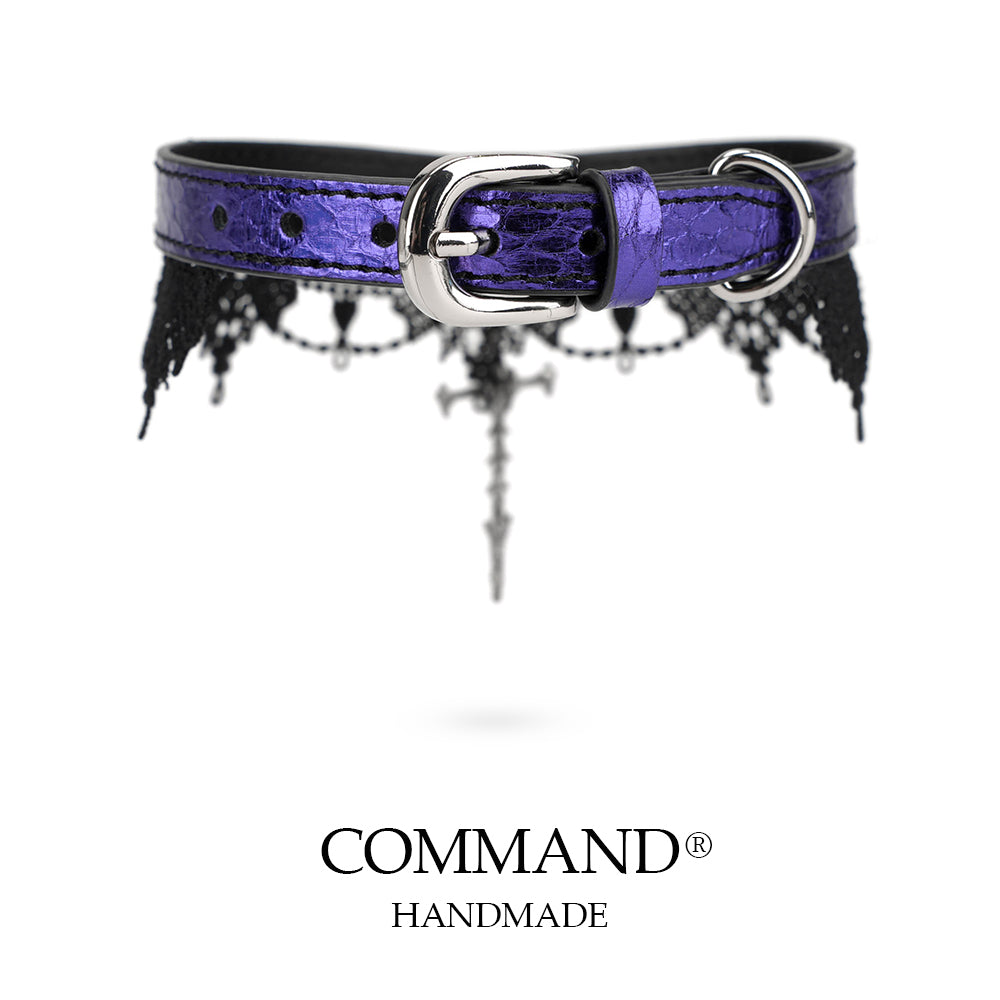 Lilith Gothic Purple Leather Choker with Lace Trim & Cross Pendant
