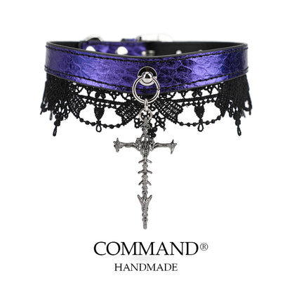 Lilith Gothic Purple Leather Choker with Lace Trim & Cross Pendant