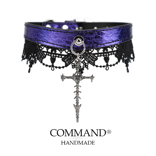Lilith Gothic Purple Leather Choker with Lace Trim & Cross Pendant