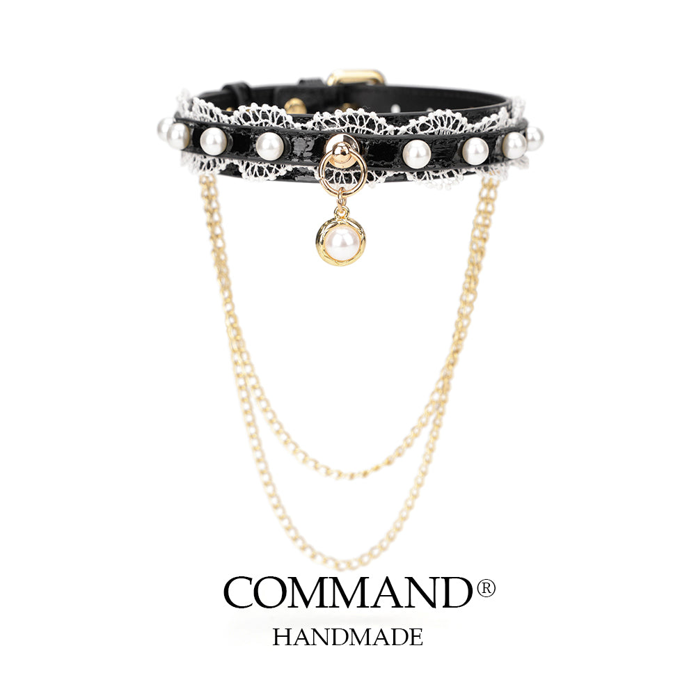 Helen Pastel Leather Choker with Lace Trim, Pearl Accents & Gold Chain