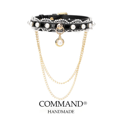 Helen Pastel Leather Choker with Lace Trim, Pearl Accents & Gold Chain