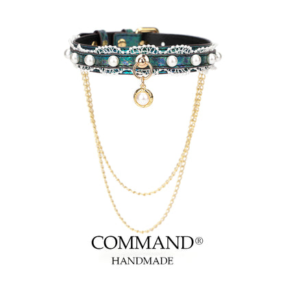 Helen Pastel Leather Choker with Lace Trim, Pearl Accents & Gold Chain