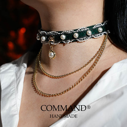 Helen Pastel Leather Choker with Lace Trim, Pearl Accents & Gold Chain