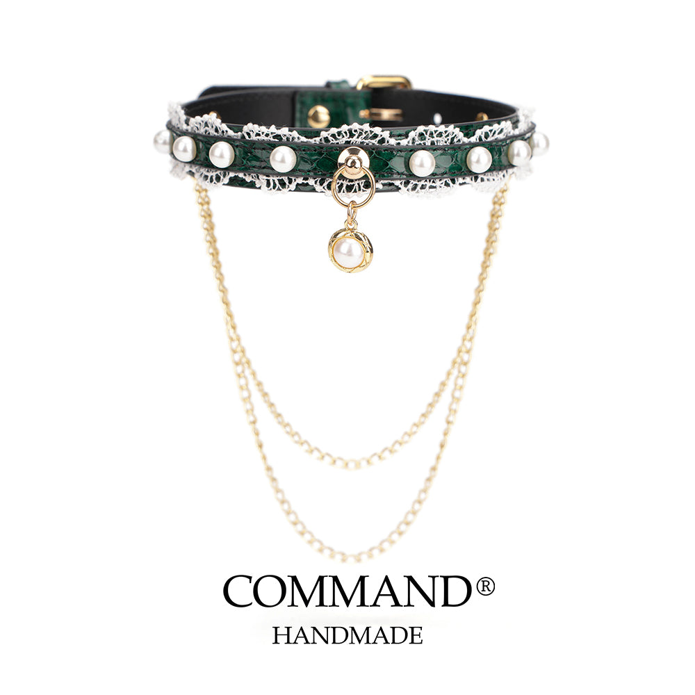 Helen Pastel Leather Choker with Lace Trim, Pearl Accents & Gold Chain