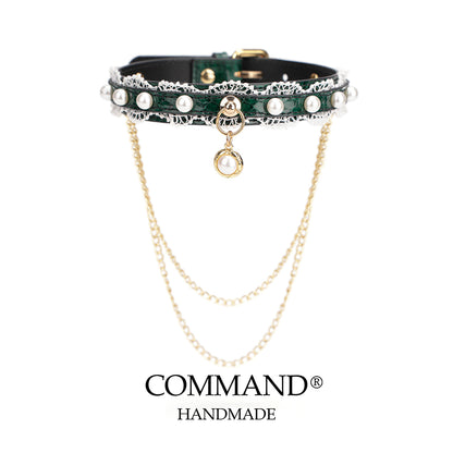 Helen Pastel Leather Choker with Lace Trim, Pearl Accents & Gold Chain