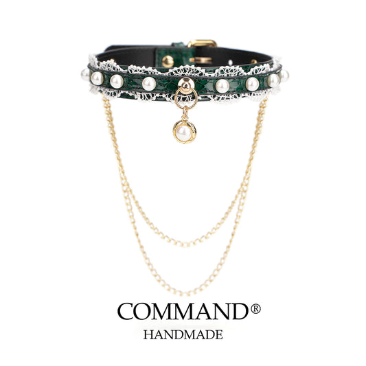 Helen Pastel Leather Choker with Lace Trim, Pearl Accents & Gold Chain