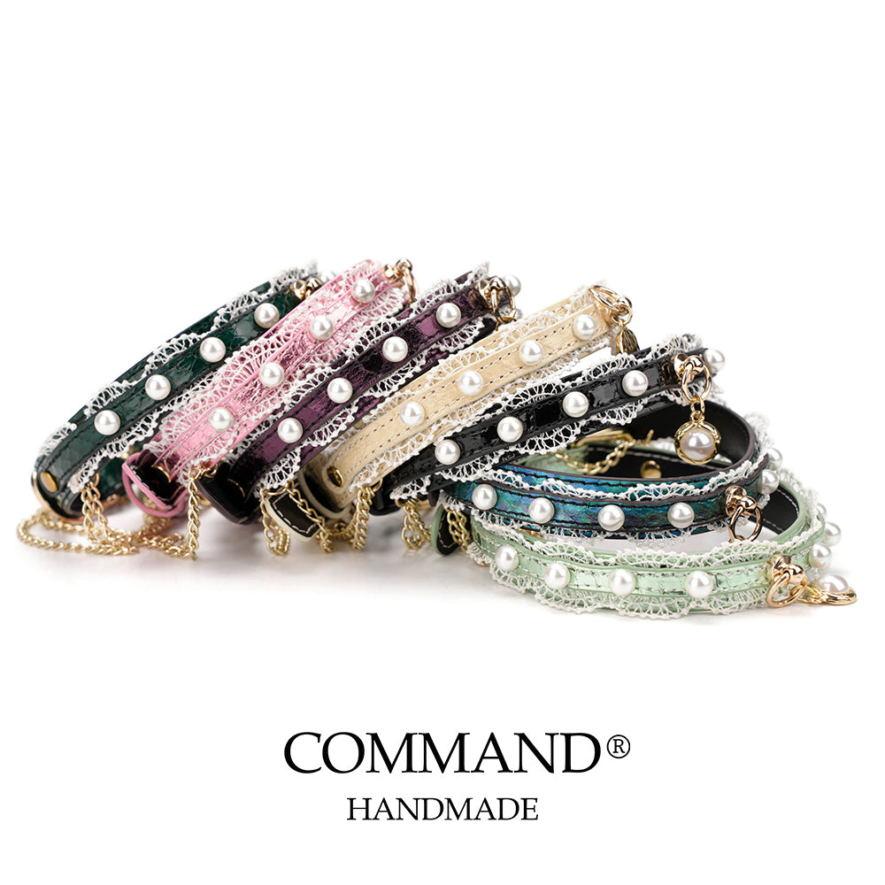 Helen Pastel Leather Choker with Lace Trim, Pearl Accents & Gold Chain