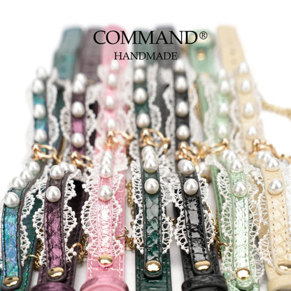 Helen Pastel Leather Choker with Lace Trim, Pearl Accents & Gold Chain