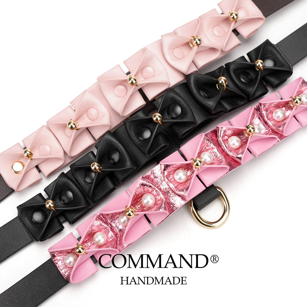 Phanes Pink/Black Bow Collar with D ring & leash