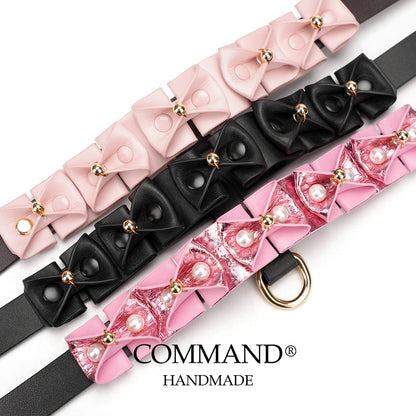 Phanes Pink/Black Bow Collar with D ring & leash