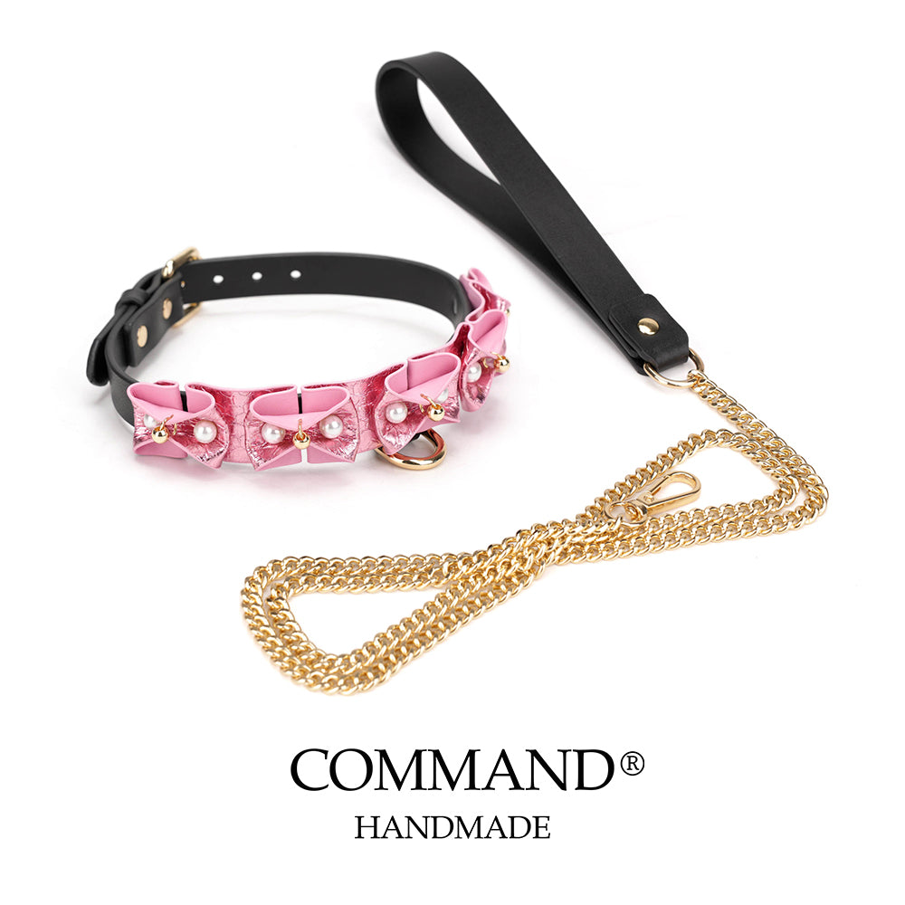 Phanes Pink/Black Bow Collar with D ring & leash