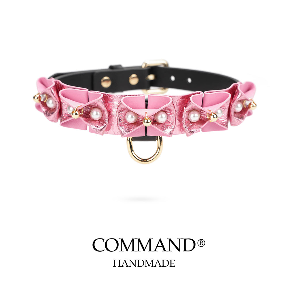 Phanes Pink/Black Bow Collar with D ring & leash