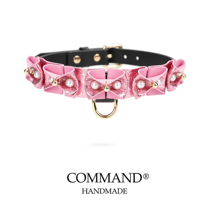 Phanes Pink/Black Bow Collar with D ring & leash