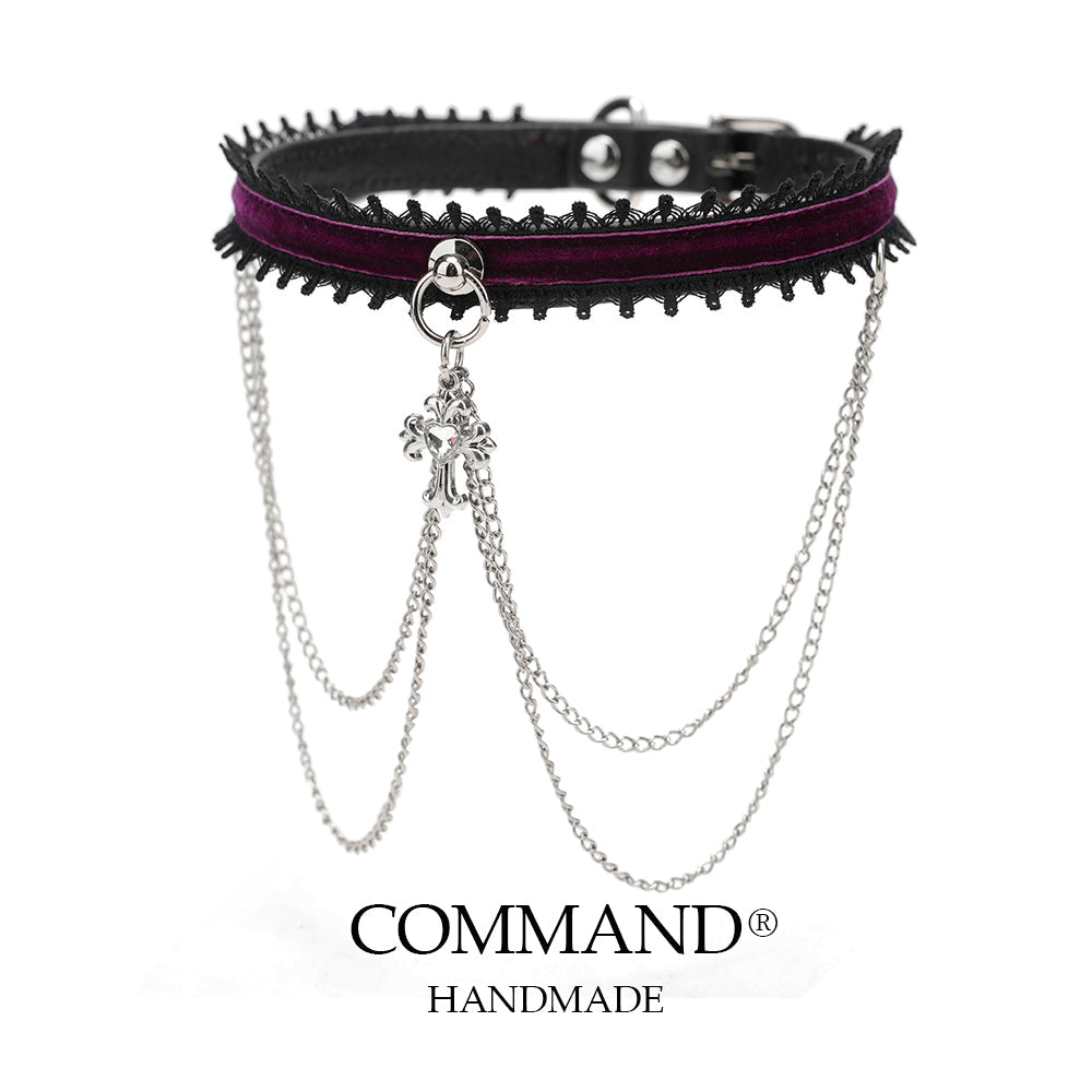 Mnemosyne Purple Velvet Chains Choker with Cross Charm