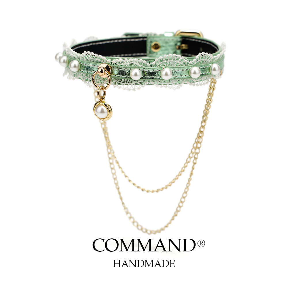 Helen Pastel Leather Choker with Lace Trim, Pearl Accents & Gold Chain