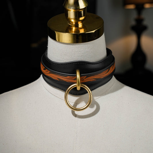 Carved Brown Engraved Collar With O Ring