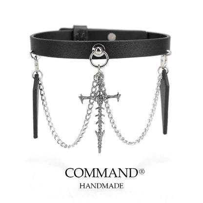 Deimos Black Choker with Cross & Leather Pendant