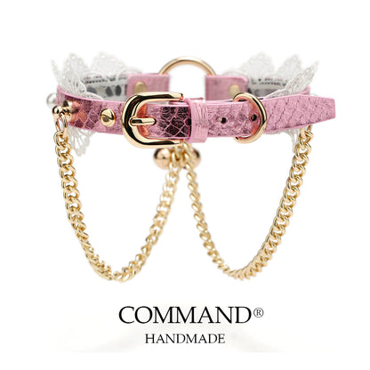 Charis Romantic Pink Lace Pearl Choker with Gold Chains & Bells