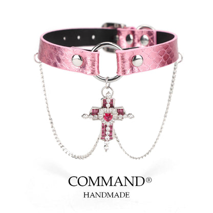 Harmonia Pink Choker with Crystal Cross Pendant & Silver Chains