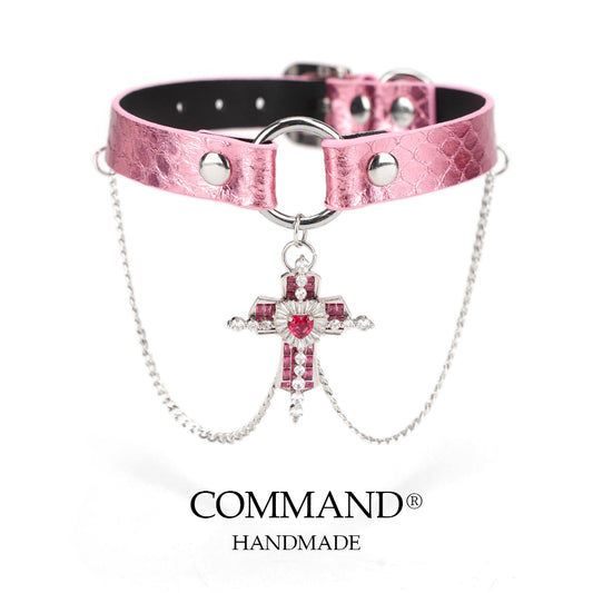 Harmonia Pink Choker with Crystal Cross Pendant & Silver Chains