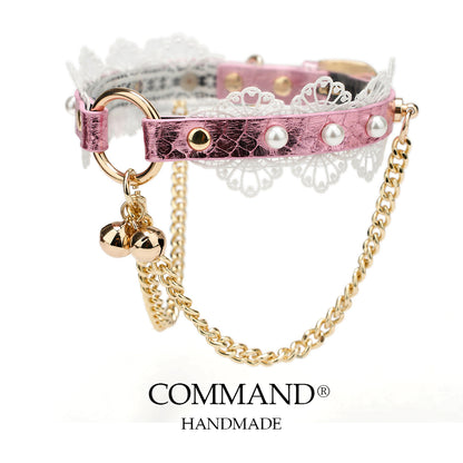 Charis Romantic Pink Lace Pearl Choker with Gold Chains & Bells
