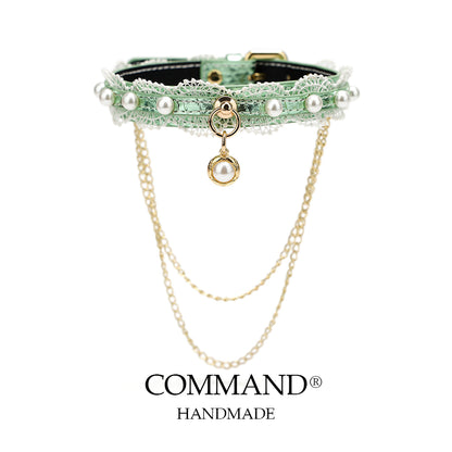 Helen Pastel Leather Choker with Lace Trim, Pearl Accents & Gold Chain