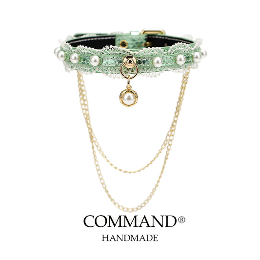 Helen Pastel Leather Choker with Lace Trim, Pearl Accents & Gold Chain