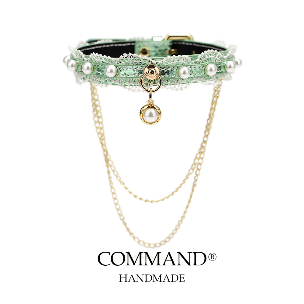 Helen Pastel Leather Choker with Lace Trim, Pearl Accents & Gold Chain