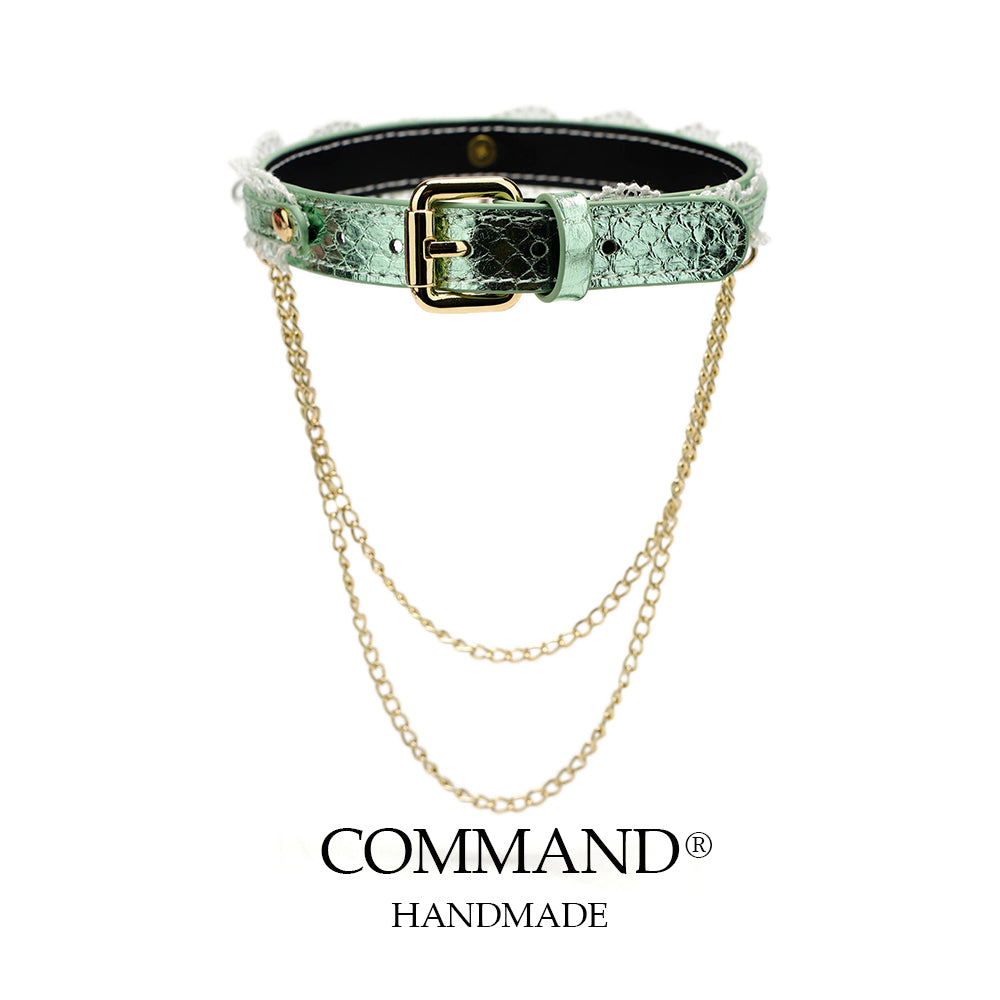 Helen Pastel Leather Choker with Lace Trim, Pearl Accents & Gold Chain